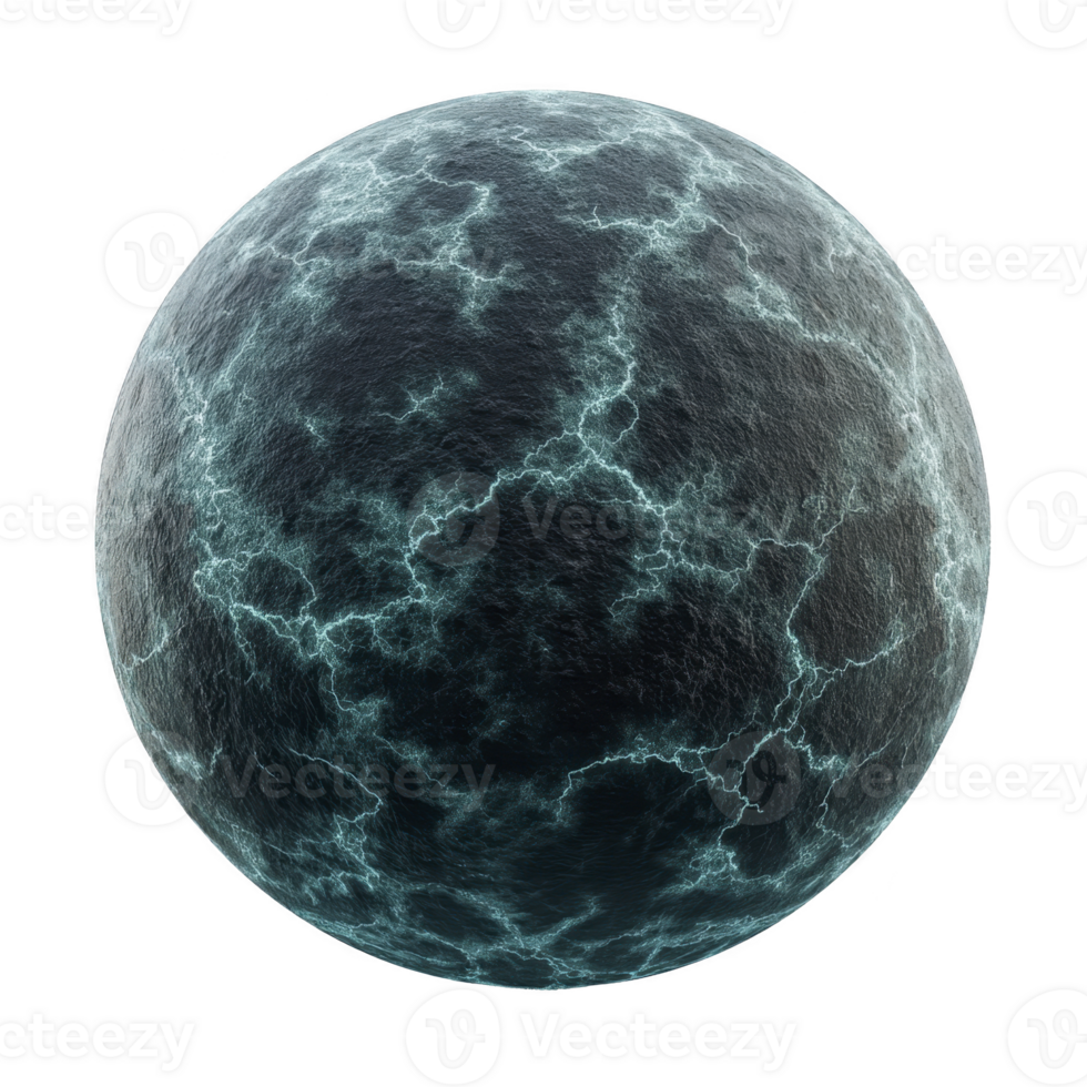 Textured sphere with dark surface and bright, lightning like patterns creates dramatic and mysterious effect. intricate design suggests energy and movement png