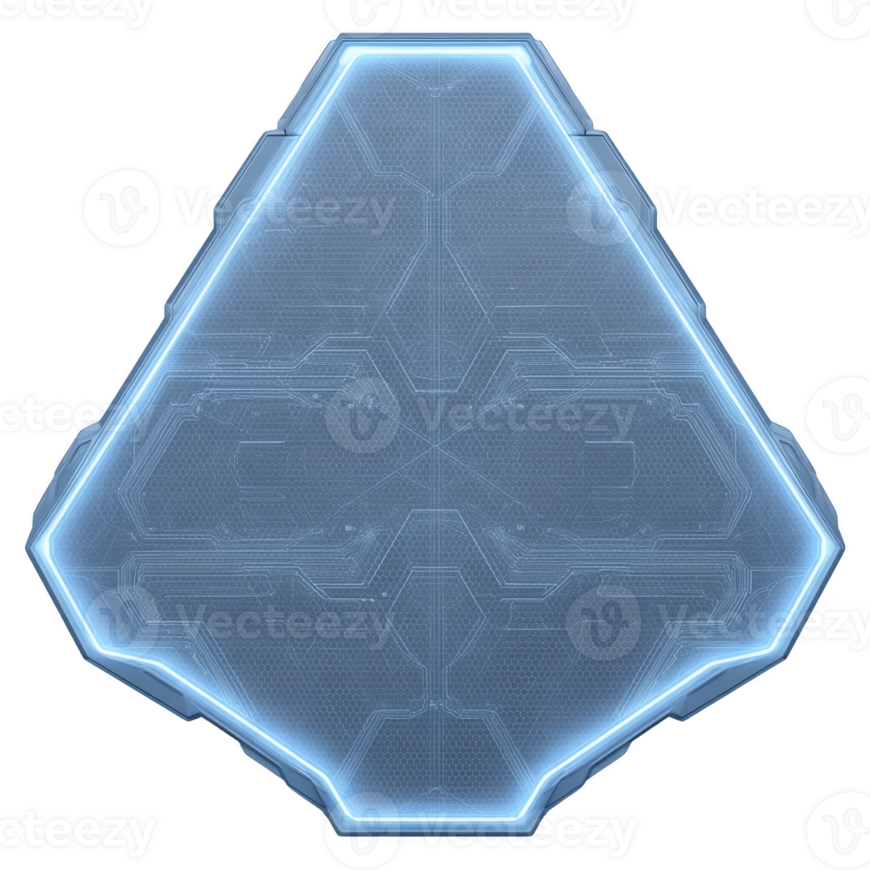 Glowing blue futuristic shield with intricate circuit patterns and hexagonal shape, evoking sense of advanced technology and digital protection png