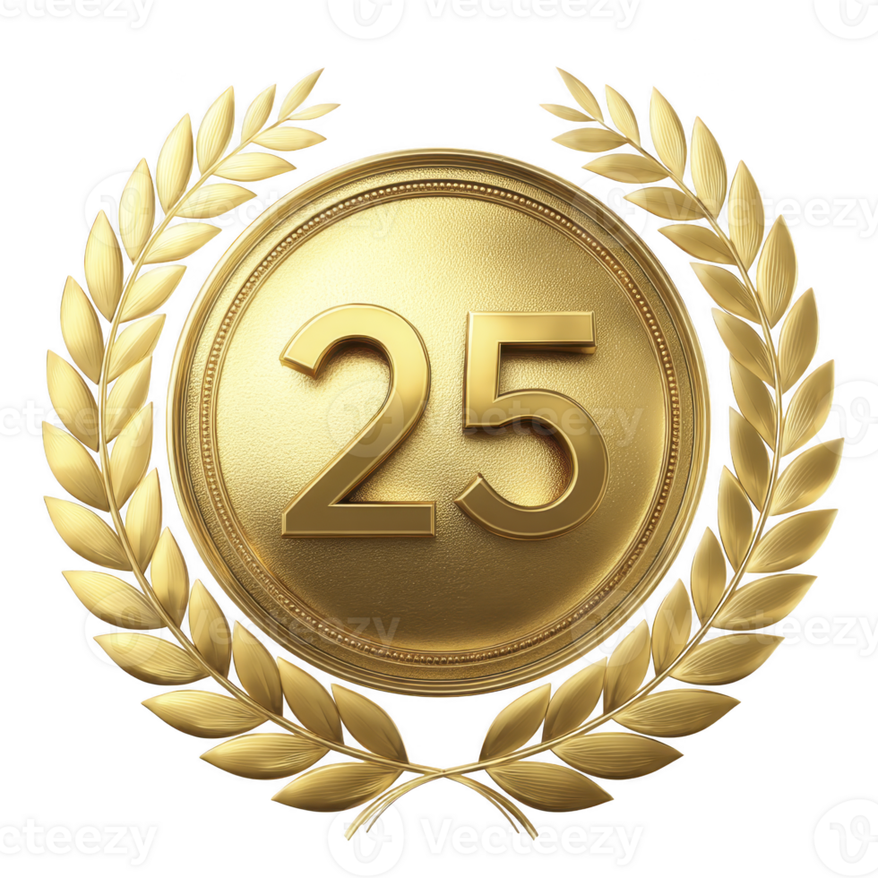 Gold medal with number 25 is surrounded by laurel wreath, symbolizing achievement and celebration. design is elegant and conveys sense of honor and accomplishment png