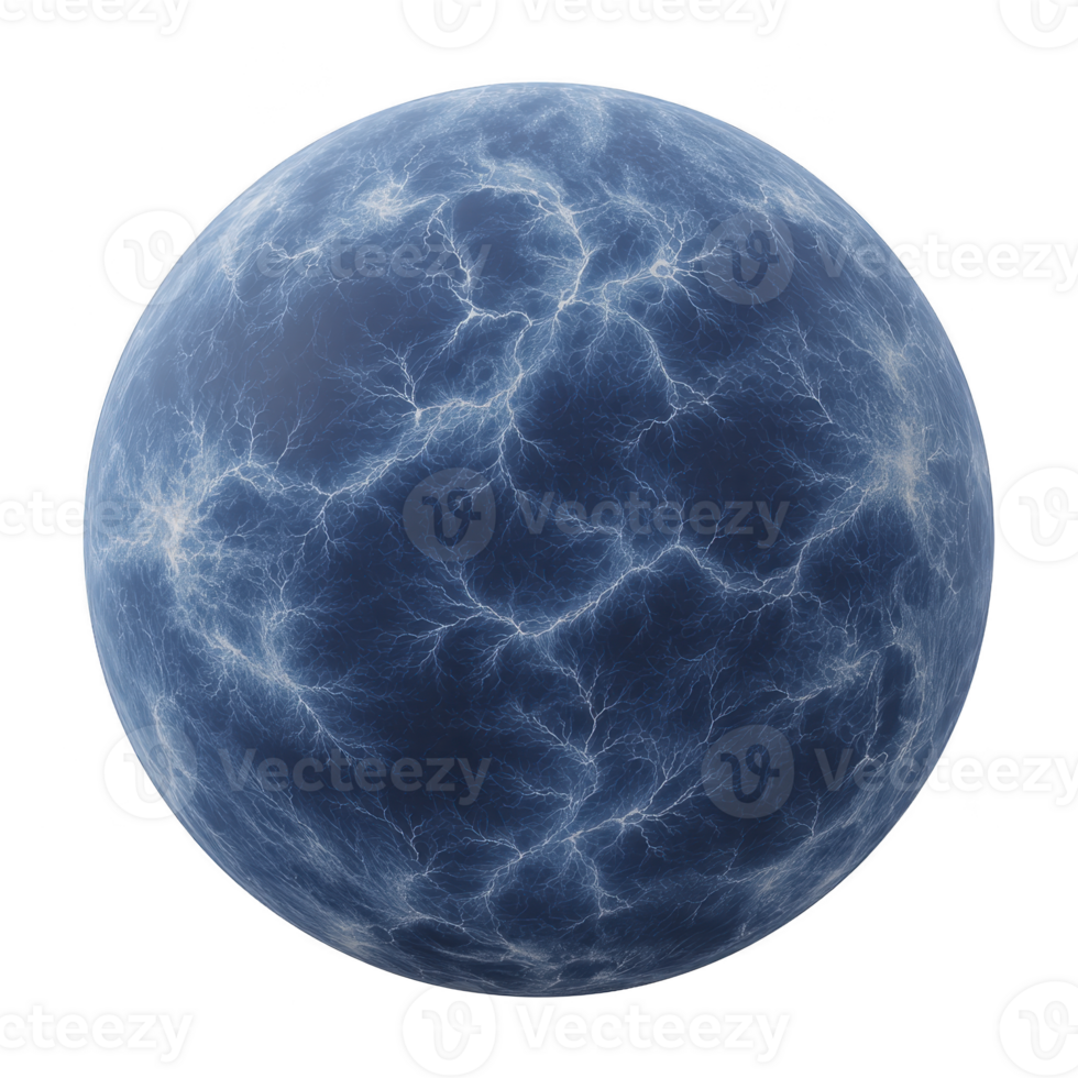 Glowing blue sphere with electric patterns creates sense of energy and mystery. intricate lightning like design on surface adds dynamic and futuristic feel png
