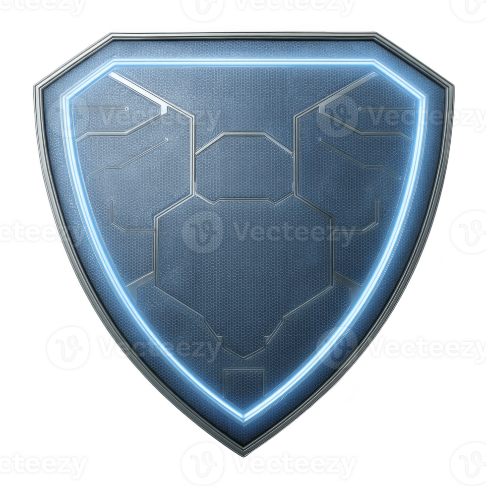 Futuristic shield with glowing blue outline and intricate geometric patterns symbolizes protection and technology. metallic texture adds modern, sleek appearance png