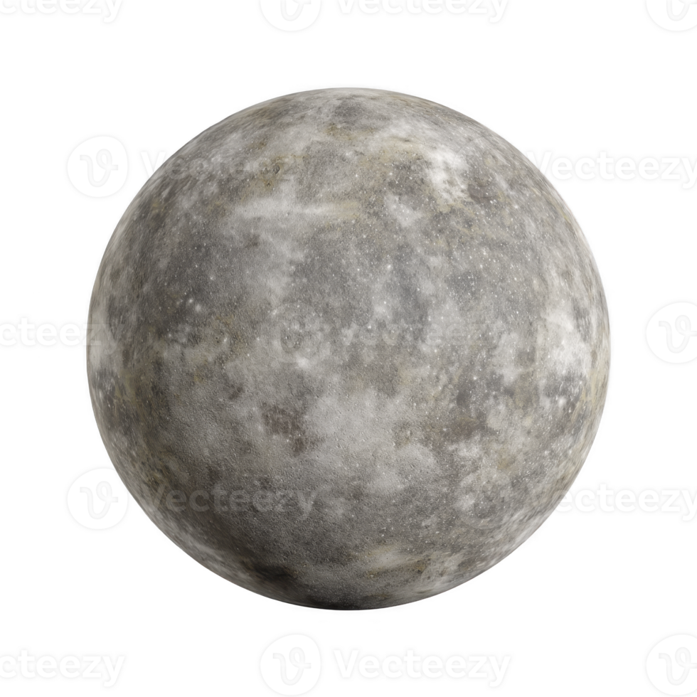 Detailed image of gray, cratered planet resembling Mercury, showcasing its rocky surface and texture against transparency background png