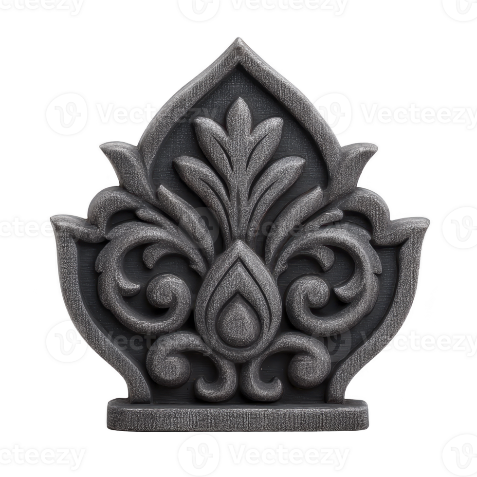 Ornate, symmetrical floral design in dark, metallic finish, featuring intricate scrollwork and leaf motifs, evokes sense of elegance and tradition png