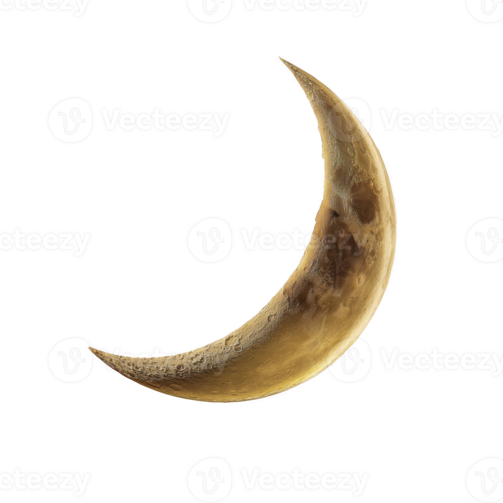 Crescent moon with detailed craters and golden hue against transparency background, evoking sense of mystery and wonder png