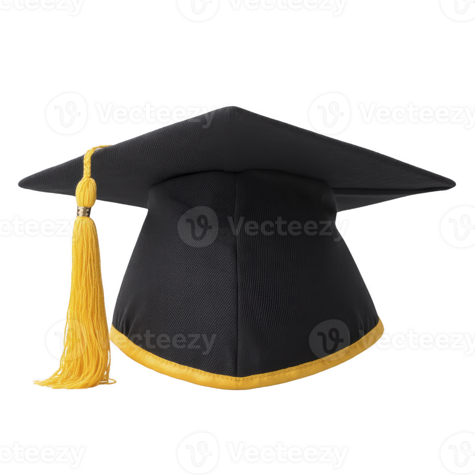 Black graduation cap with yellow tassel symbolizes academic achievement and celebration. It is often worn during graduation ceremonies to mark completion of degree png