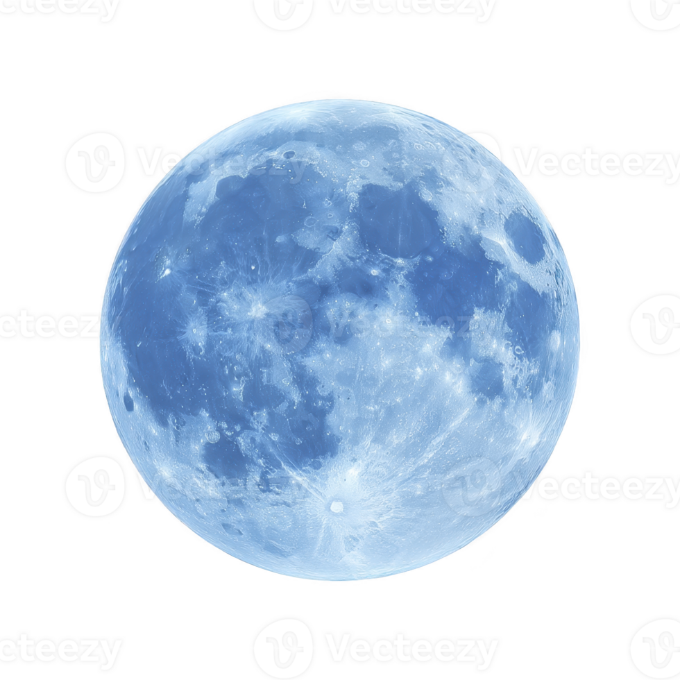 Luminous full moon with bluish tint, showcasing detailed craters and surface textures against transparency background. image captures serene and mystical beauty of moon png