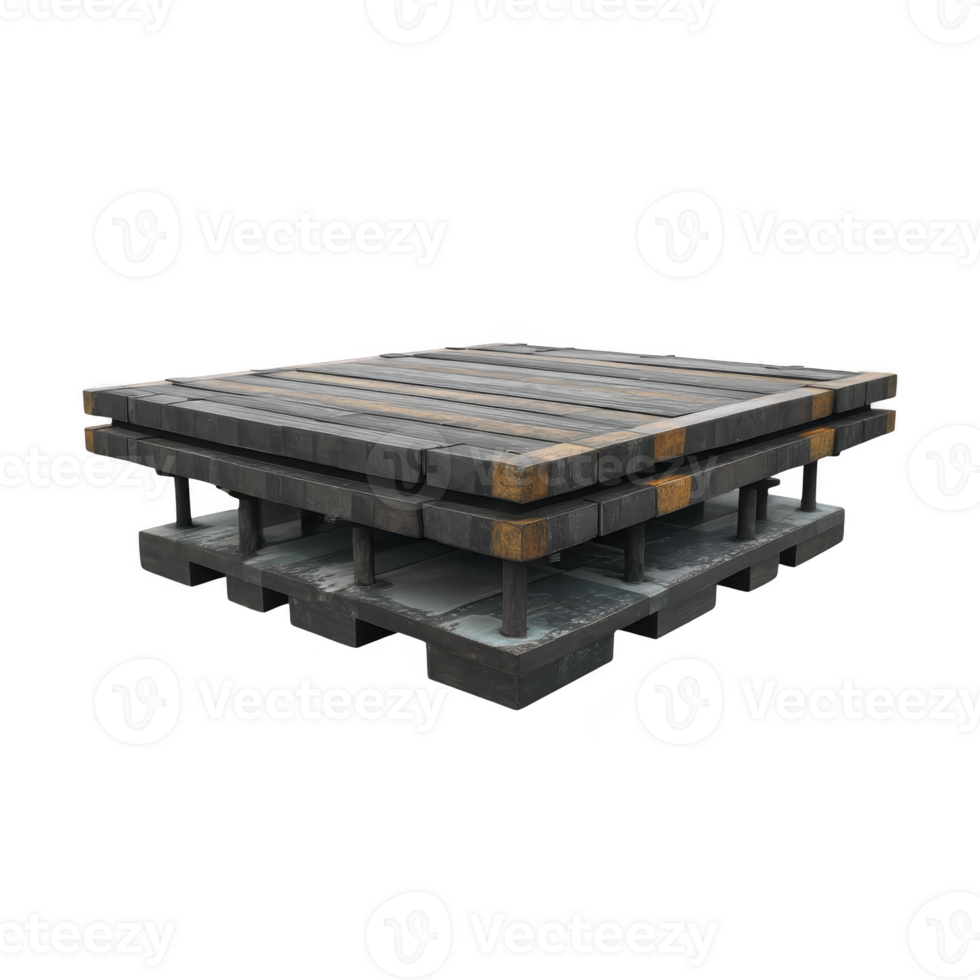 Stack of wooden pallets is arranged neatly, showcasing their sturdy construction and industrial design. pallets are weathered, indicating frequent use in shipping or storage png