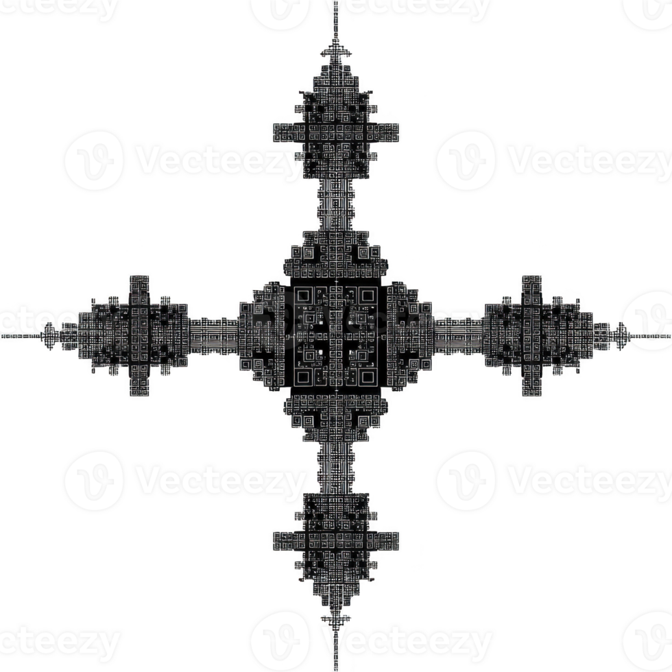 This intricate fractal design features symmetrical pattern with geometric shapes and detailed lines, creating complex and mesmerizing visual effect. monochrome color scheme enhances its abstract png