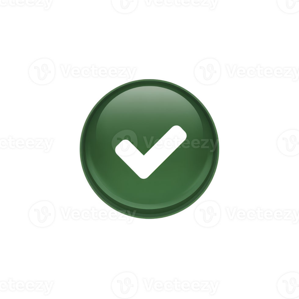 Glossy green check mark icon symbolizes approval or confirmation. circular design with reflective surface adds modern touch png