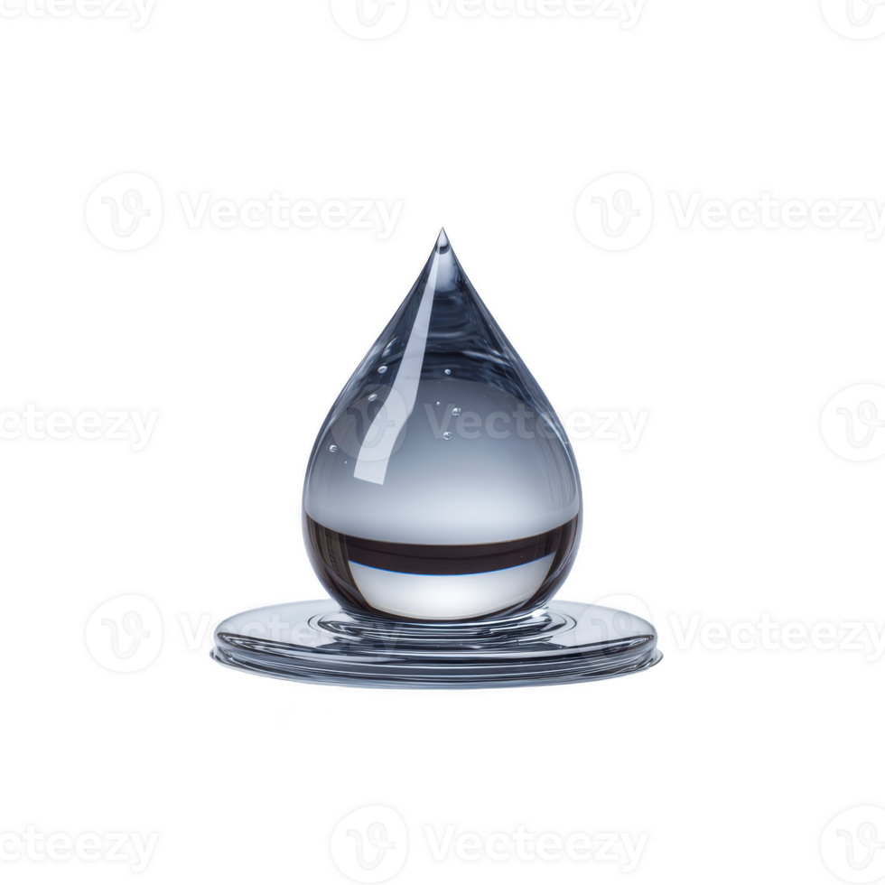 Single, clear water droplet sits on smooth surface, reflecting light and creating sense of purity and freshness. droplet transparency and shape are emphasized against plain background png