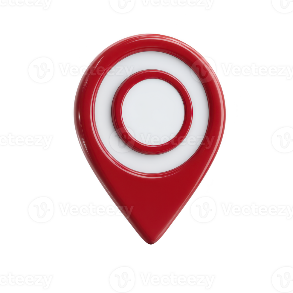 Red and white 3D location pin icon with glossy finish, symbolizing navigation and positioning. design is simple and modern, often used in maps and GPS applications png