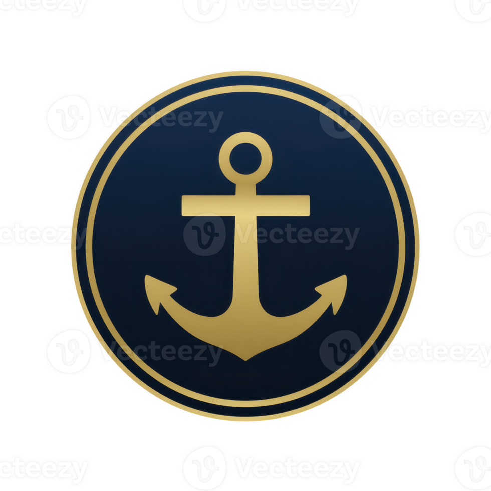 Gold anchor symbol is centered within circular navy blue background, representing maritime themes and stability. design is simple yet elegant, evoking sense of nautical tradition png