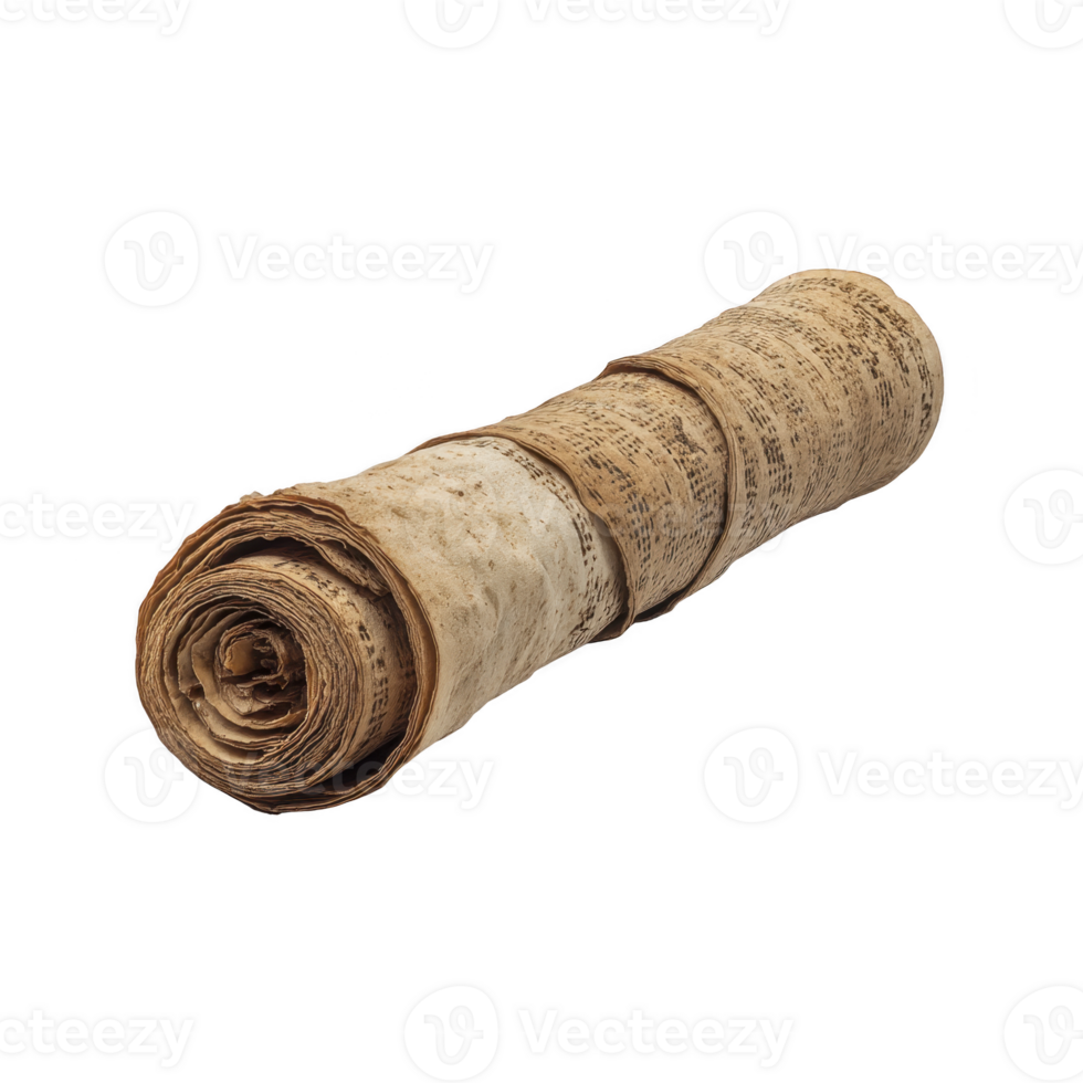 Ancient scroll with weathered, yellowed pages rolled tightly, showcasing historical text. scroll aged appearance suggests it holds significant historical or cultural value png