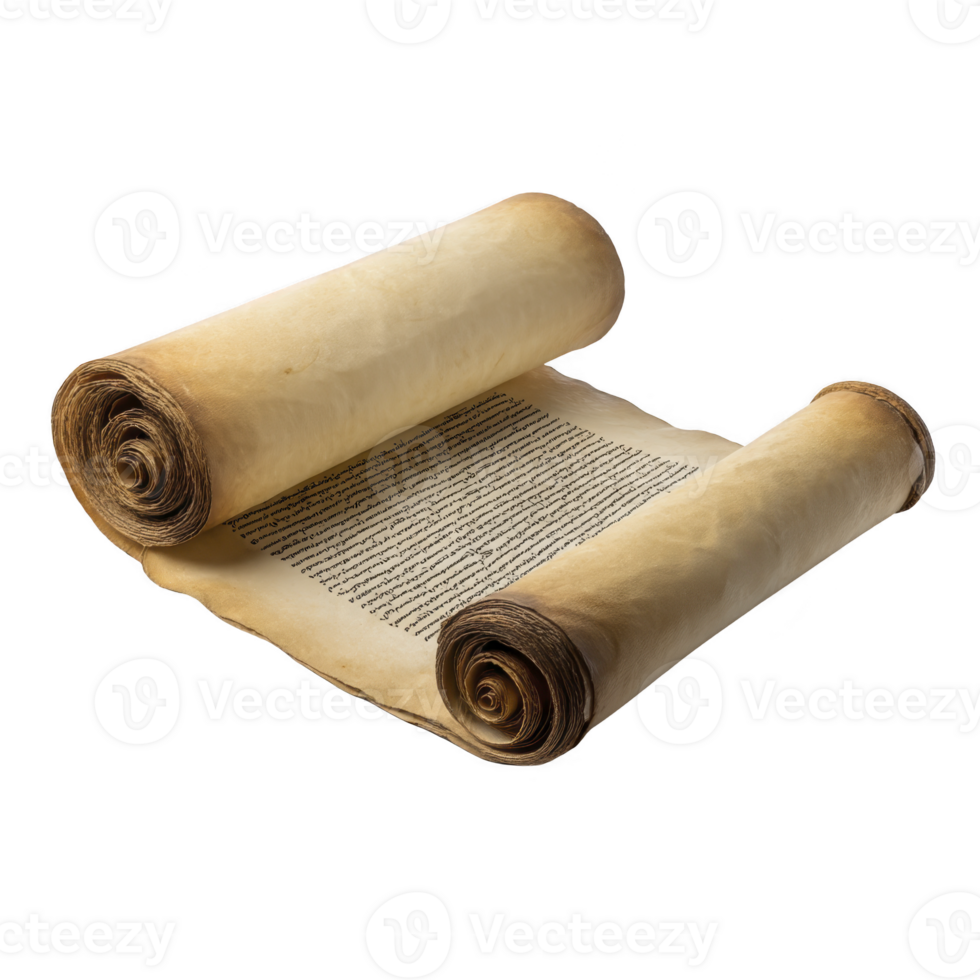 Ancient scroll with rolled edges, featuring handwritten text on aged parchment, evokes sense of history and mystery. scroll texture and script suggest historical significance png