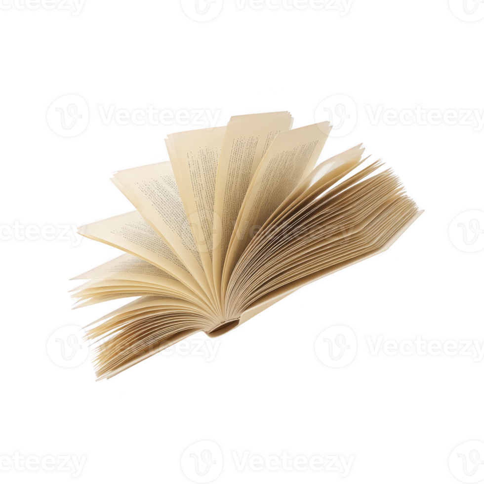 Open book with pages fanned out, creating dynamic and engaging visual. book pages are slightly yellowed, suggesting age or frequent use, and text is visible but not legible png