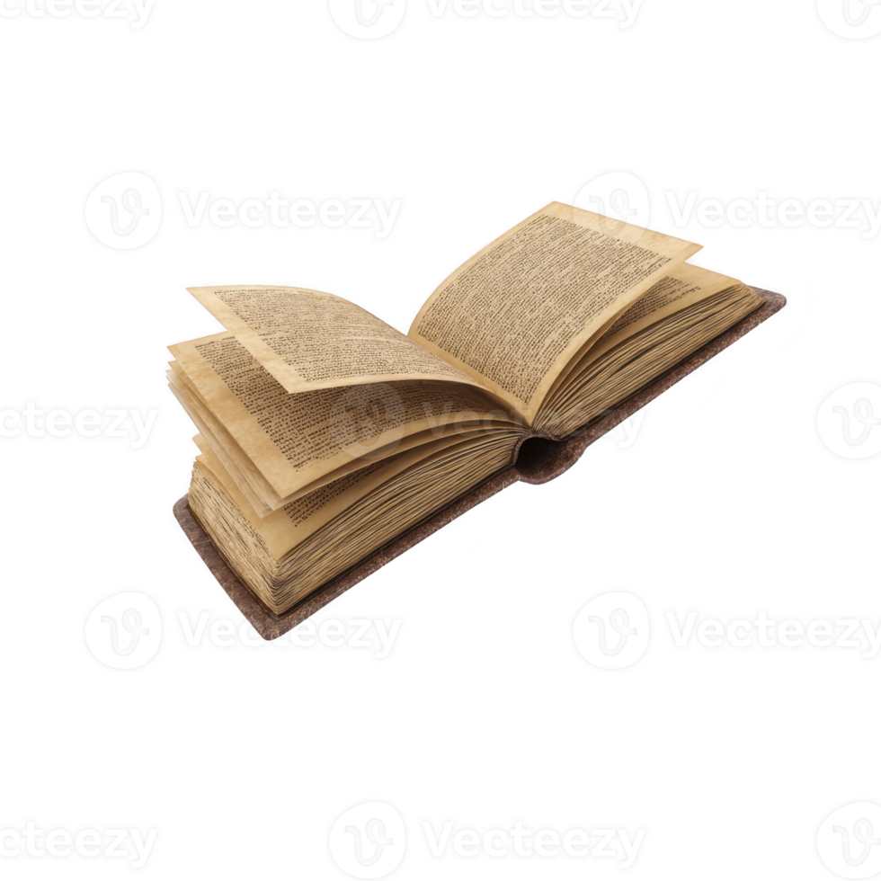 Open vintage book with yellowed pages and worn cover, showcasing text in antique style. book appears aged, evoking sense of history and nostalgia png