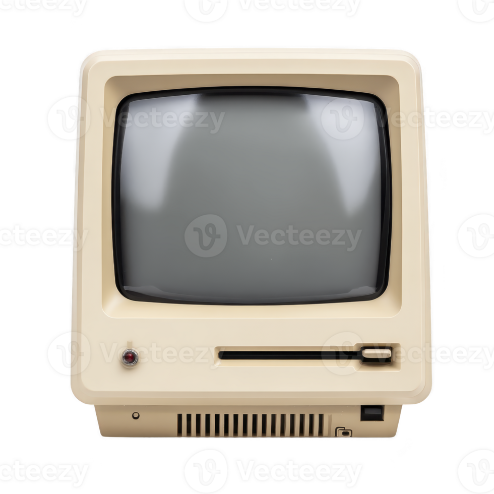 Vintage beige computer monitor with retro design and floppy disk drive slot evokes nostalgia for early computing technology png
