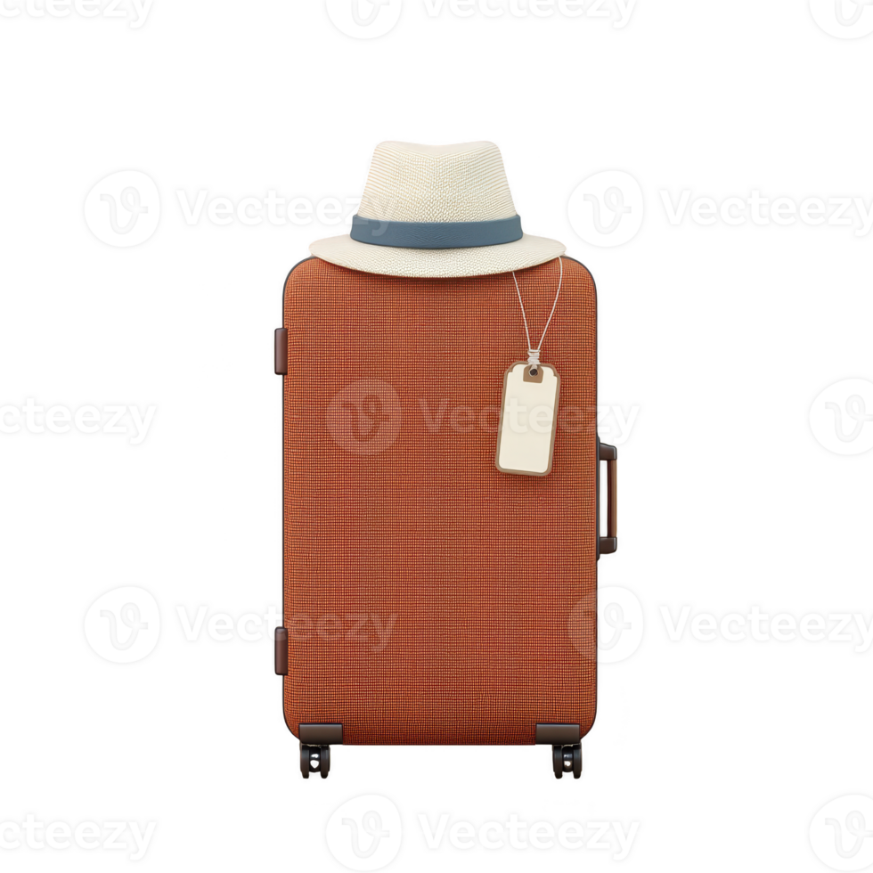 Stylish orange suitcase with travel tag and straw hat on top, ready for adventure. suitcase is upright with four wheels, perfect for easy travel png
