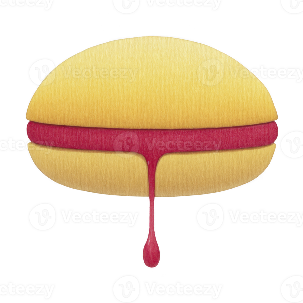 This features yellow macaron with red filling that appears to be dripping. macaron is stylized and has smooth texture, creating playful and appetizing appearance. Yellow macaron with red filling png