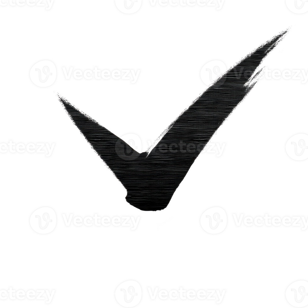 Bold black check mark with textured brushstroke design on transparent background, symbolizing approval or completion png