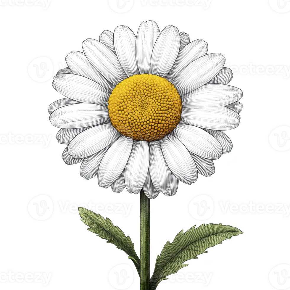 Detailed illustration of daisy flower with white petals and yellow center, set against transparency background. green stem and leaves add contrast, highlighting flower simplicity and beauty png