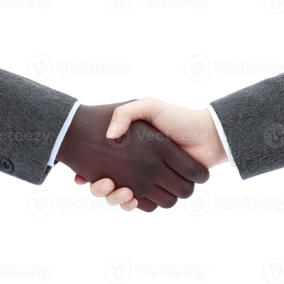 Close up of handshake between two individuals, one with dark skin tone and other with light skin tone, both wearing business suits, symbolizing cooperation and agreement png