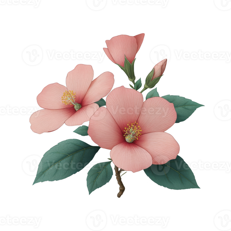 Pink hibiscus flowers with green leaves on transparency background, showcasing delicate petals and vibrant colors. composition highlights natural beauty and elegance of blooms png