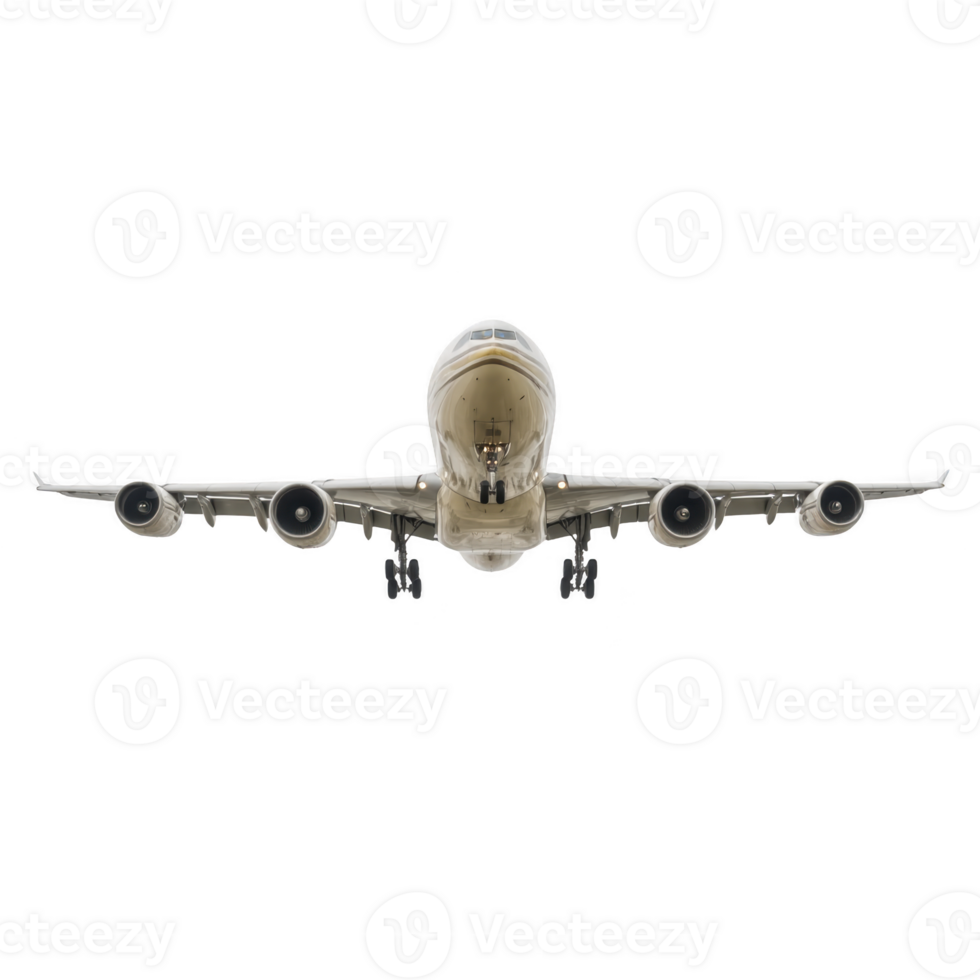 Large passenger airplane with four engines is flying directly towards viewer against transparency background, showcasing its impressive wingspan and aerodynamic design png