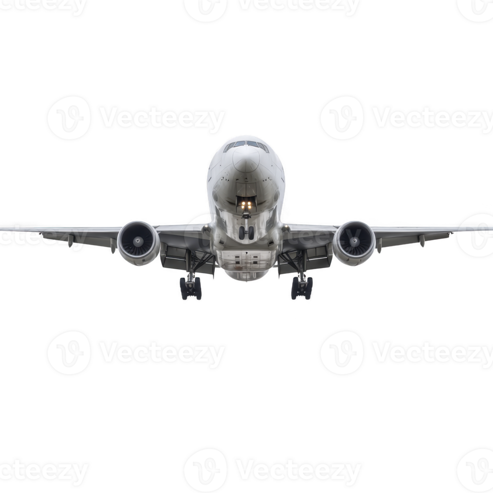 Large commercial airplane is flying directly towards viewer, showcasing its powerful engines and sleek design against clear sky. aircraft landing gear is visible, indicating it is preparing to png