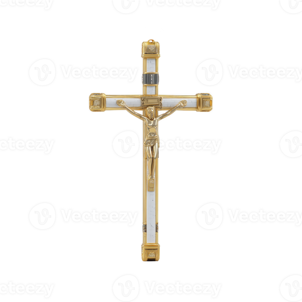 Gold and silver crucifix with intricate detailing and depiction of Jesus is shown against plain background, symbolizing faith and spirituality png