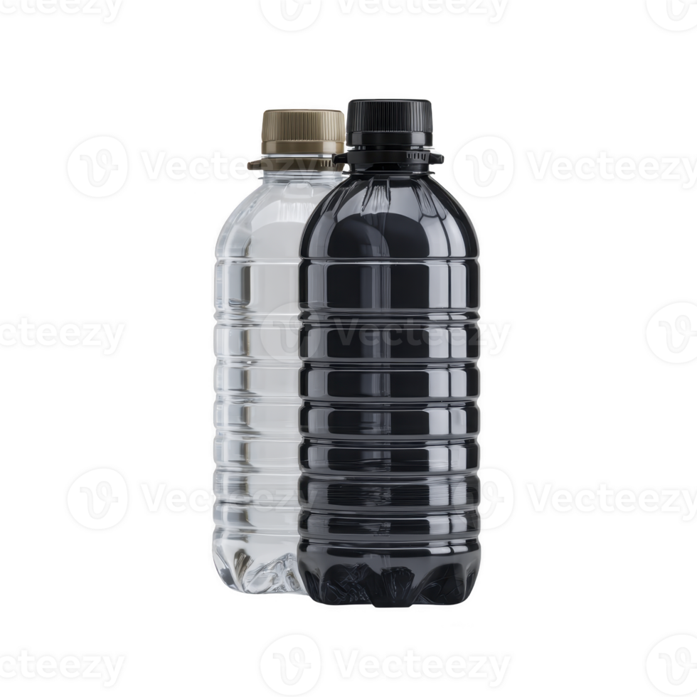 Two plastic bottles, one transparent and one black, stand side by side with ribbed designs and screw caps, showcasing modern and sleek appearance png