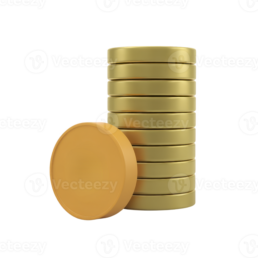 Stack of shiny gold coins is neatly arranged with one coin leaning against stack, creating sense of wealth and prosperity png