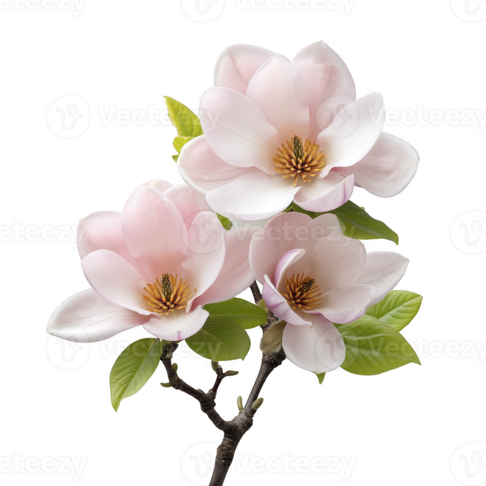 Delicate pink magnolia flowers bloom on branch with vibrant green leaves, showcasing nature elegance and beauty. soft petals and intricate details create serene and calming effect png