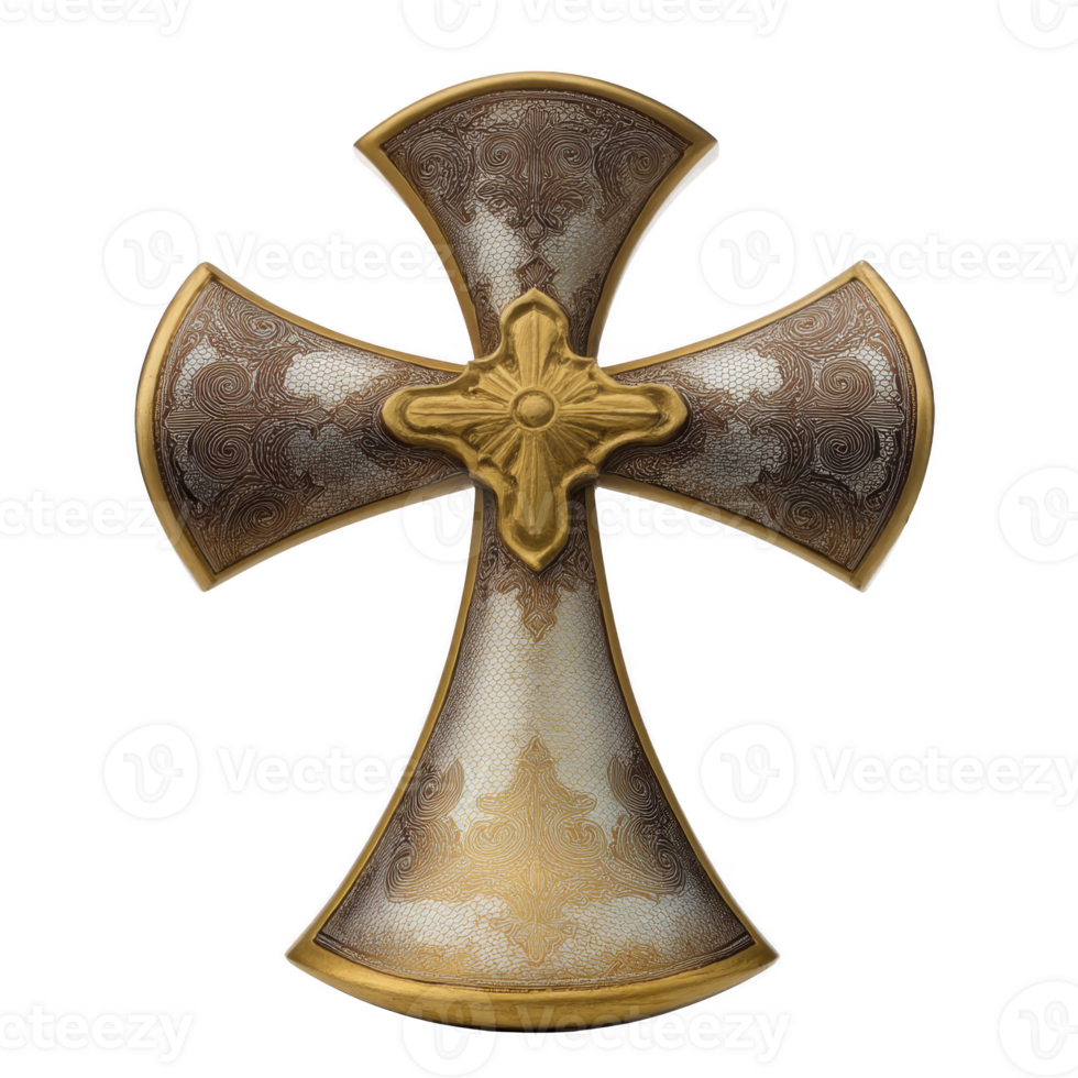Decorative cross with intricate patterns and central floral motif, featuring blend of gold and silver tones, exuding sense of elegance and spirituality png