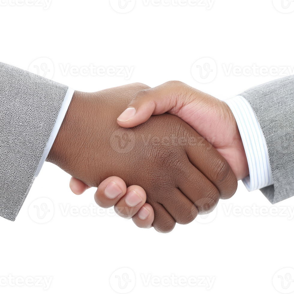 Close up image of handshake between two individuals wearing business suits, symbolizing agreement and partnership. hands are positioned against transparency background, emphasizing professionalism png