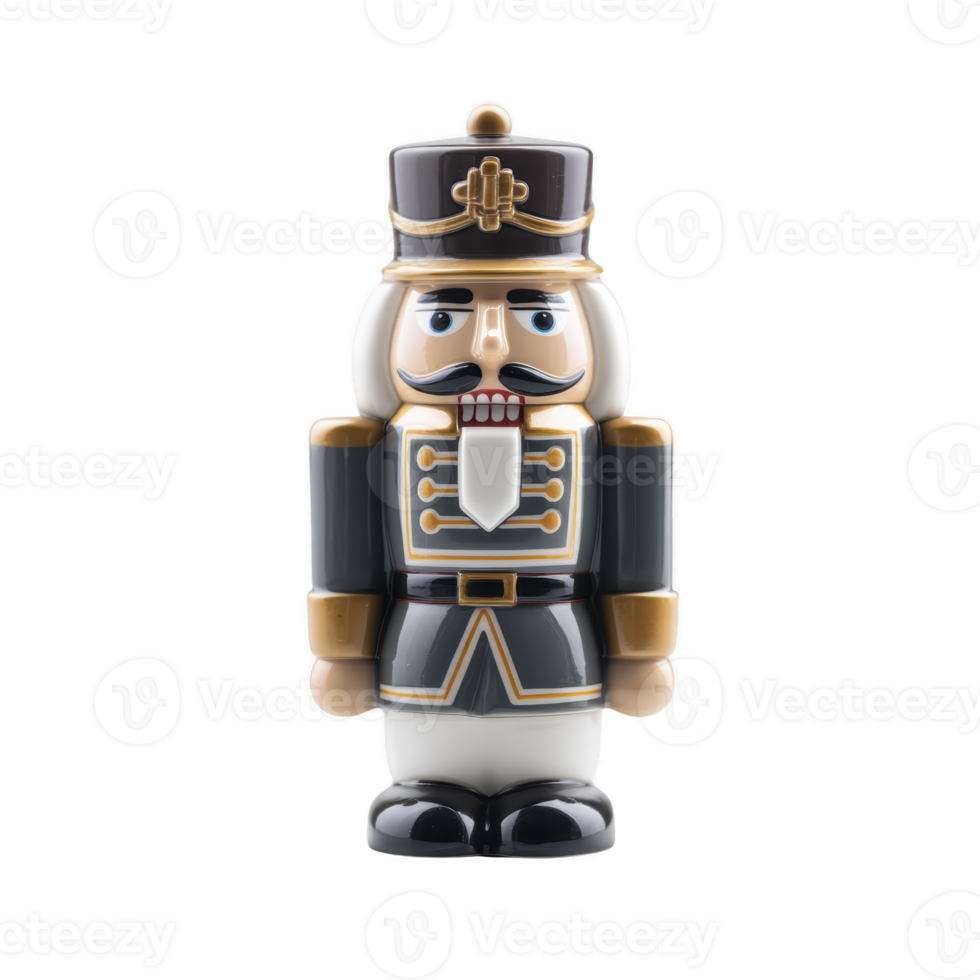 Traditional wooden nutcracker soldier figurine stands upright, featuring classic design with black and gold uniform, white beard, and tall hat. nutcracker exudes festive and nostalgic charm png