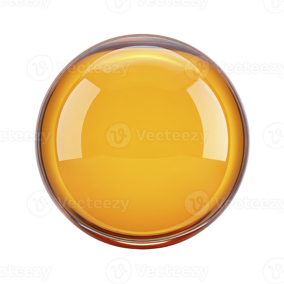 Shiny, round, amber colored glass button with glossy surface and reflective highlights, isolated on transparency background. button has smooth, polished appearance png