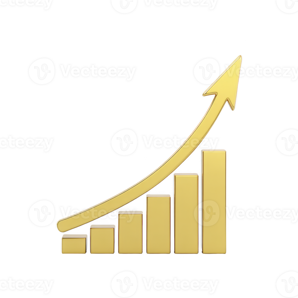 Golden bar chart with upward arrow symbolizes growth and success, representing financial progress or business improvement. sleek design conveys sense of achievement png