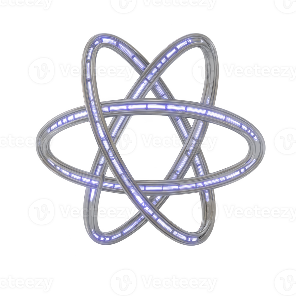 Futuristic glowing atomic structure with intertwined loops, emitting soft blue light, symbolizes innovation and technology. design is sleek and modern, evoking sense of advanced science png