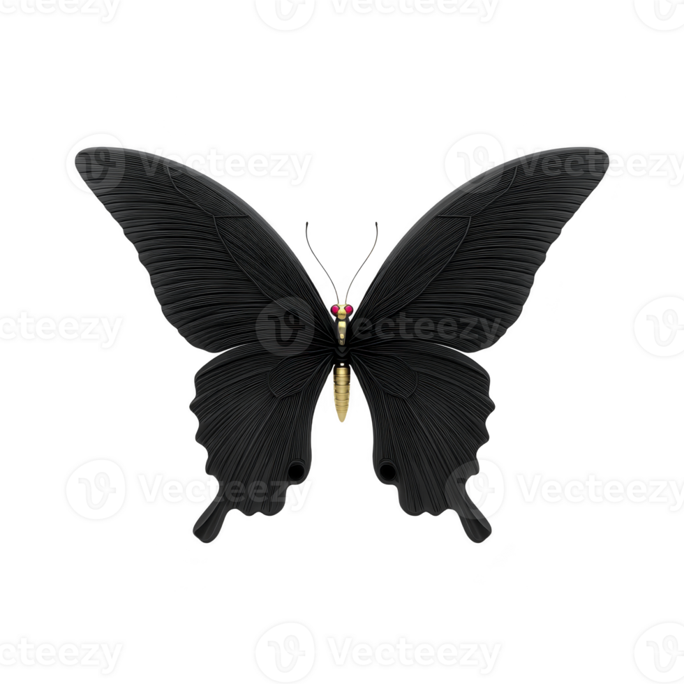 Black butterfly with intricate wing patterns and vibrant red eyespots creates striking contrast against background. delicate details of its wings are captivating png