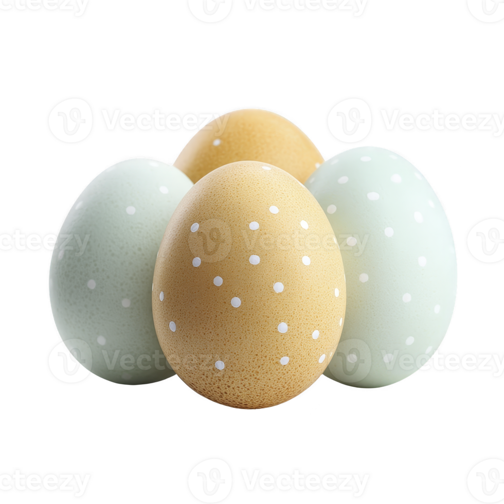 Four pastel colored eggs with polka dots are arranged together, featuring soft shades of blue, green, and yellow. eggs have smooth texture and are decorated with white dots, creating playful png