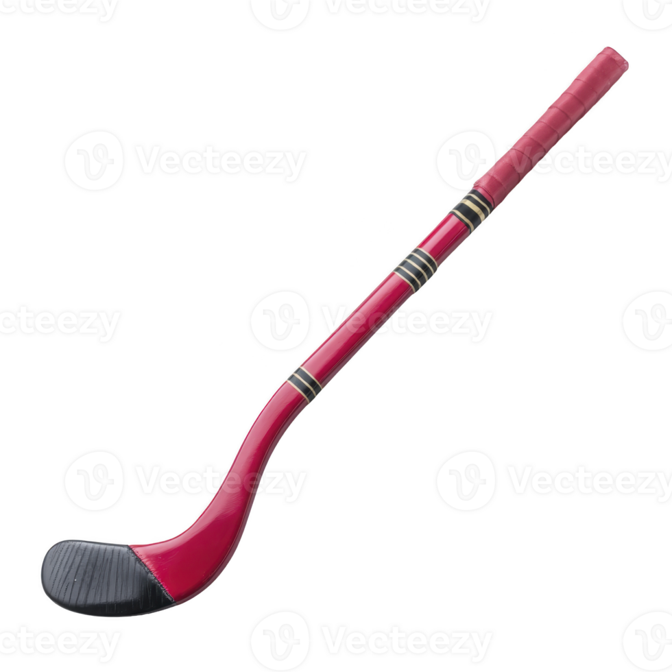 Red hockey stick with black blade and grip, featuring striped accents, isolated on transparency background. stick is designed for field or ice hockey, showcasing sleek and sporty design png