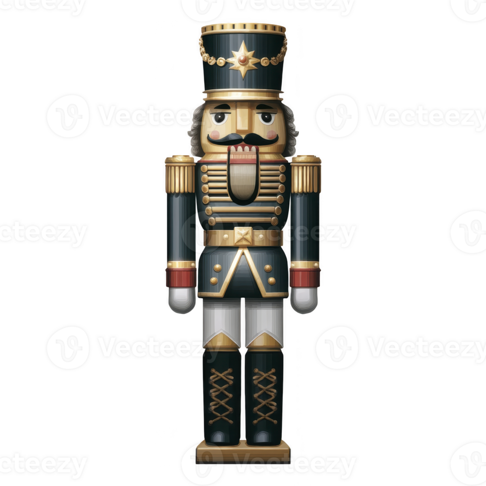 Traditional wooden nutcracker soldier stands tall, adorned in dark uniform with gold accents, exuding festive and classic charm. nutcracker detailed design includes tall hat and mustache png