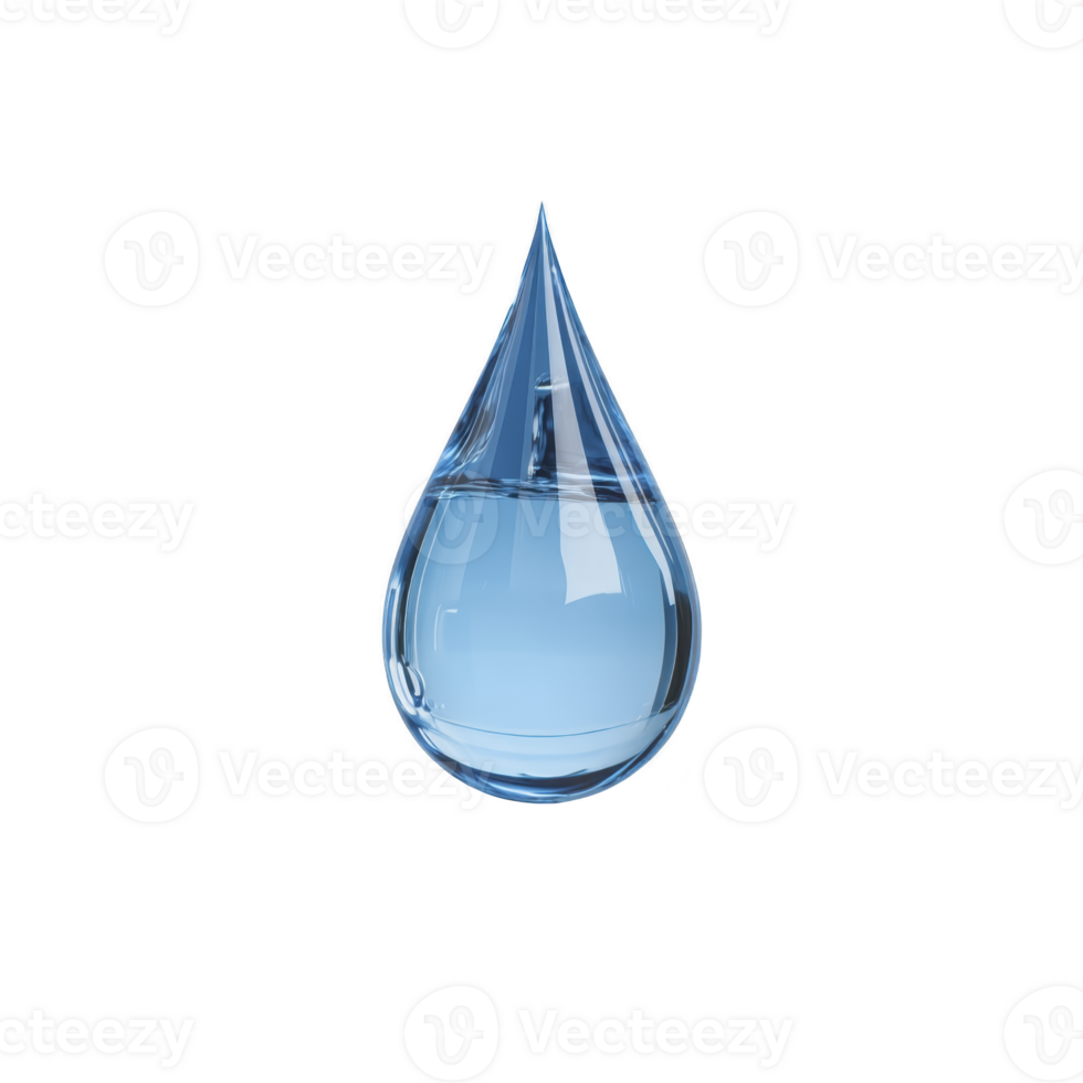 Single, clear blue water droplet is suspended against plain background, showcasing its purity and simplicity. droplet smooth surface reflects light, emphasizing its transparency and fluidity png