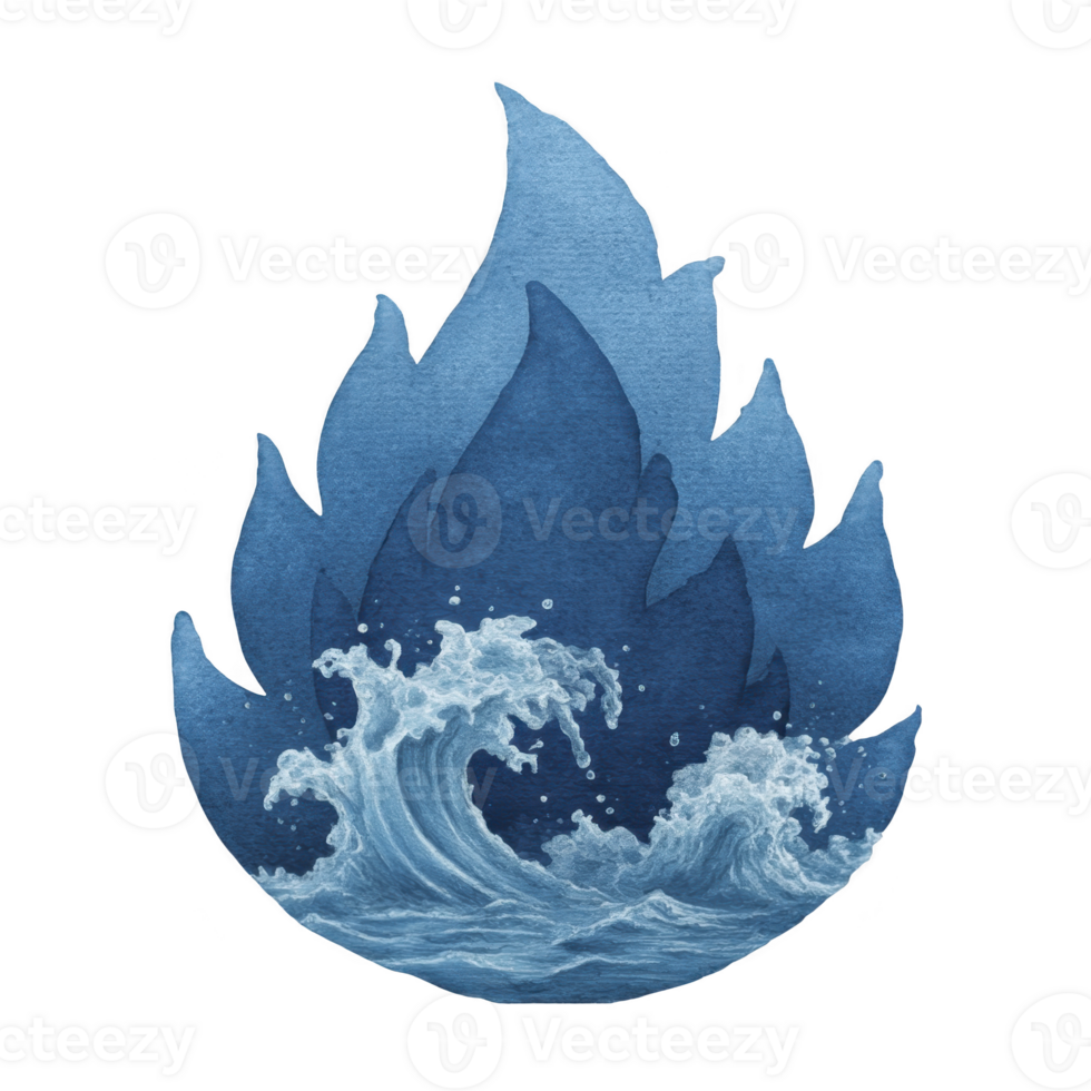 Dynamic illustration of blue flame with ocean waves crashing inside, symbolizing fusion of fire and water elements. artwork conveys sense of balance and harmony png