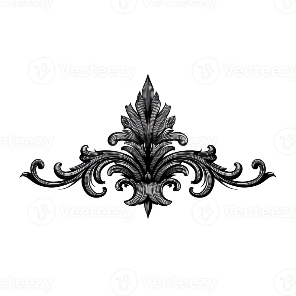 Ornate, symmetrical black decorative flourish with intricate scrollwork and leaf motifs, perfect for elegant design accents png