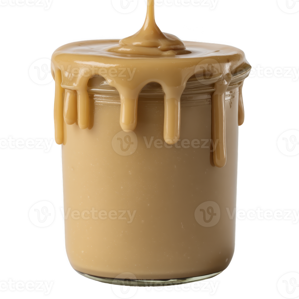 Creamy caramel sauce drips from glass jar, creating tempting and indulgent visual. rich, golden brown color and smooth texture highlight its sweet and decadent nature png