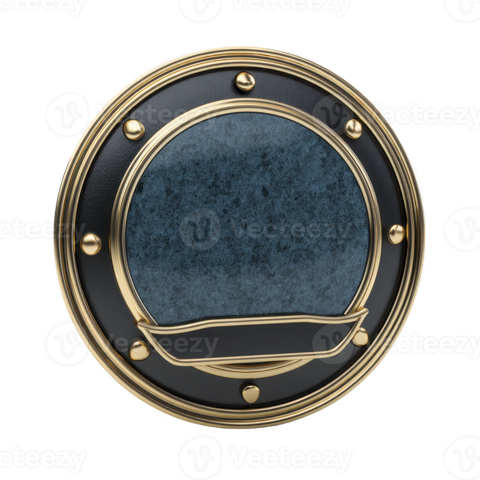 Round, decorative emblem with gold and blue design, featuring central circular area and ornate detailing, evokes sense of elegance and sophistication png