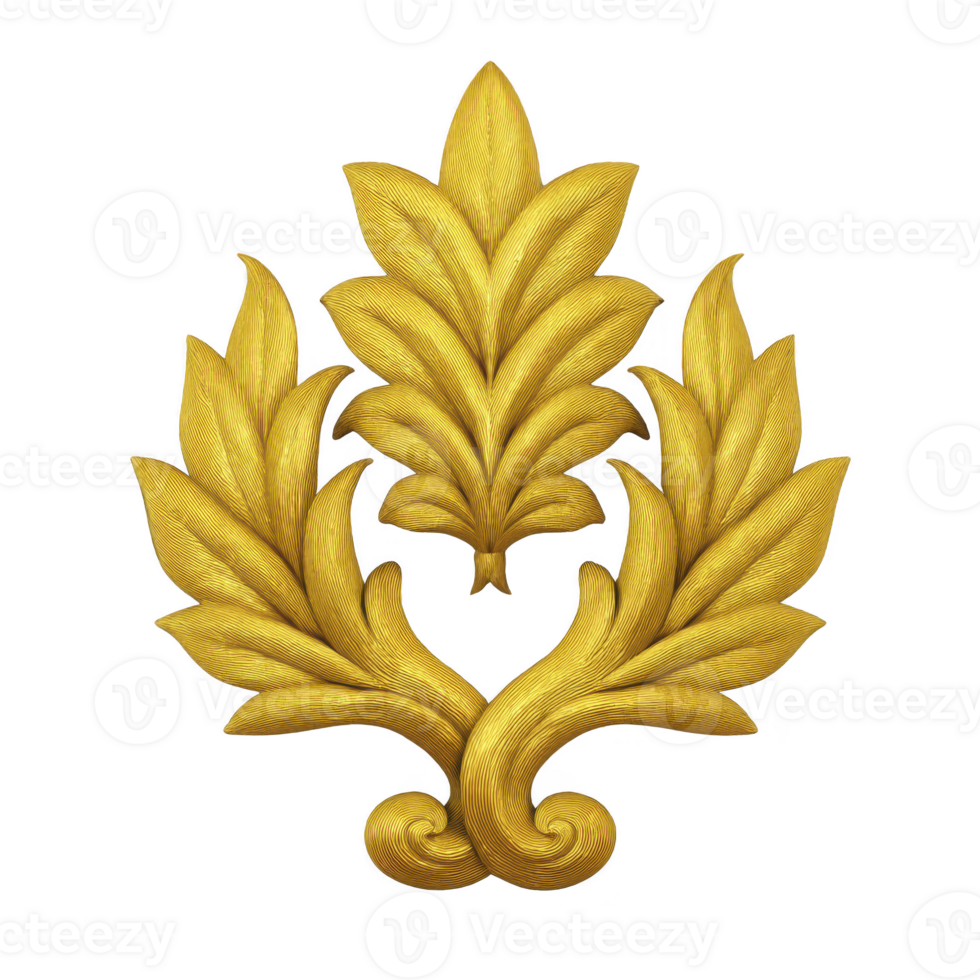 Golden ornamental leaf design with intricate details and symmetrical pattern, often used in classical architecture and decorative arts. design exudes elegance and sophistication png