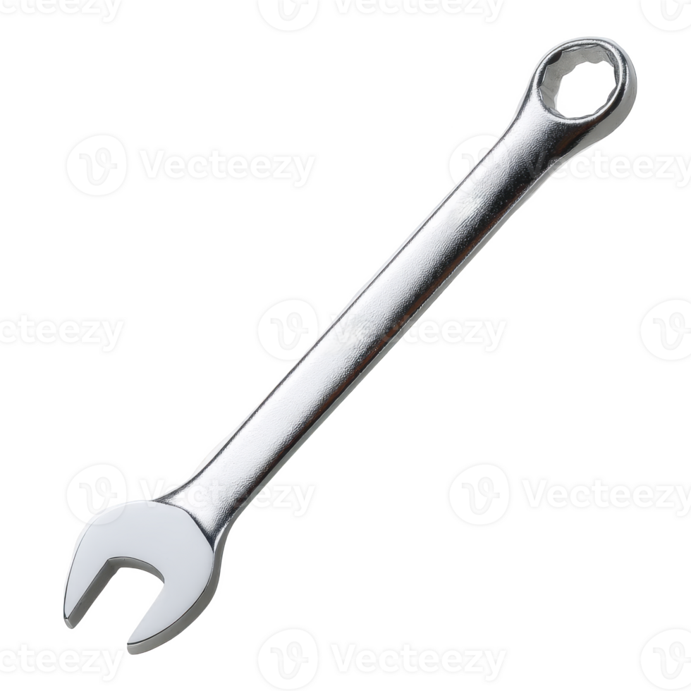 Shiny metal wrench with open end and ring end, used for tightening or loosening nuts and bolts, isolated on transparency background png